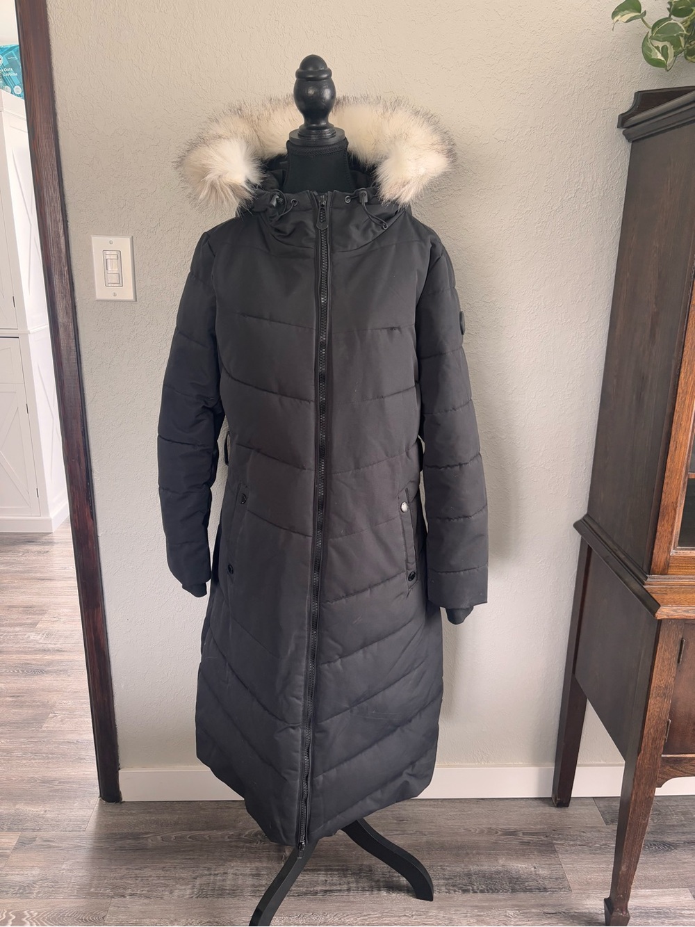 Noize Black Long Puffer Coat with Faux Fur Hood